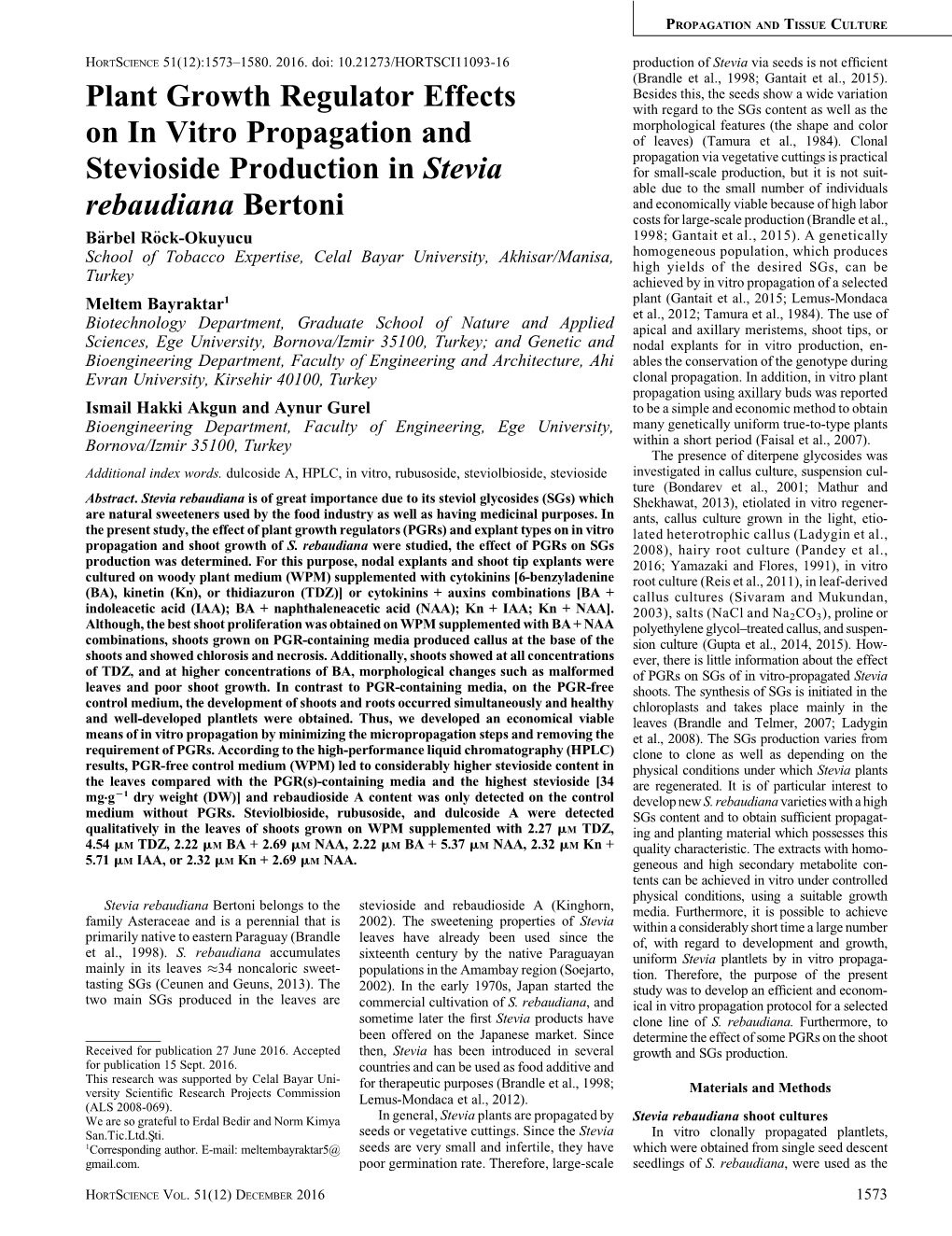 Plant Growth Regulator Effects on in Vitro Propagation and Stevioside