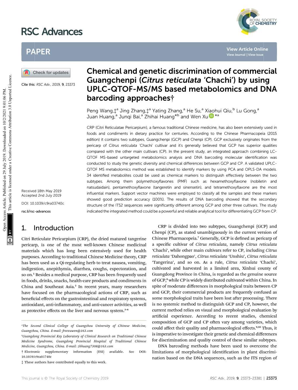 (Citrus Reticulata 'Chachi') by Using UPLC-QTOF-MS/MS Based Me