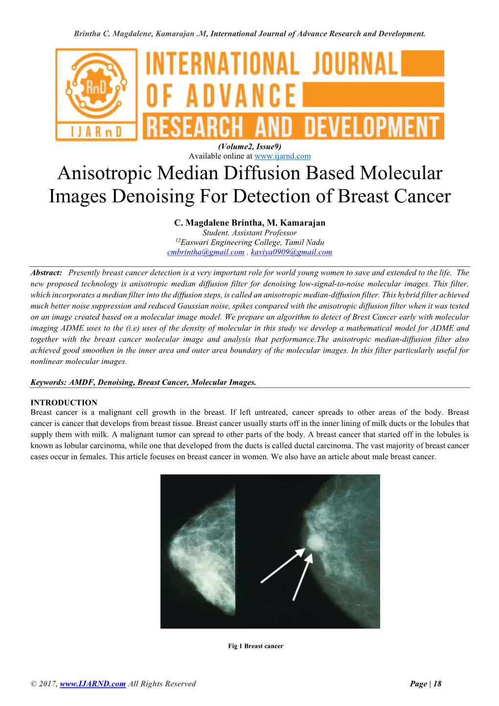 Anisotropic Median Diffusion Based Molecular Images Denoising for Detection of Breast Cancer