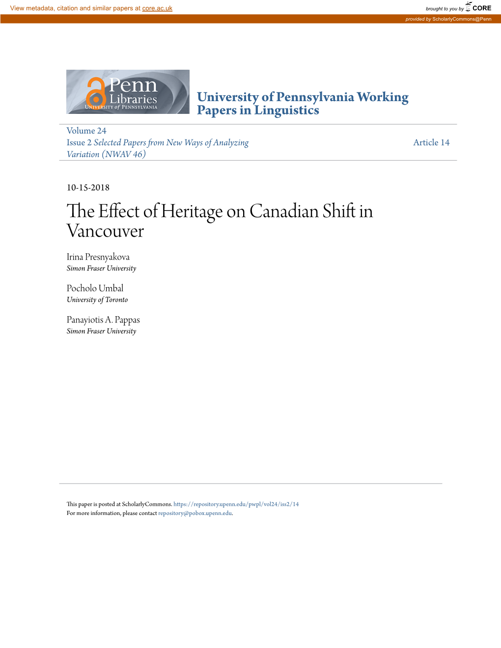 The Effect of Heritage on Canadian Shift in Vancouver