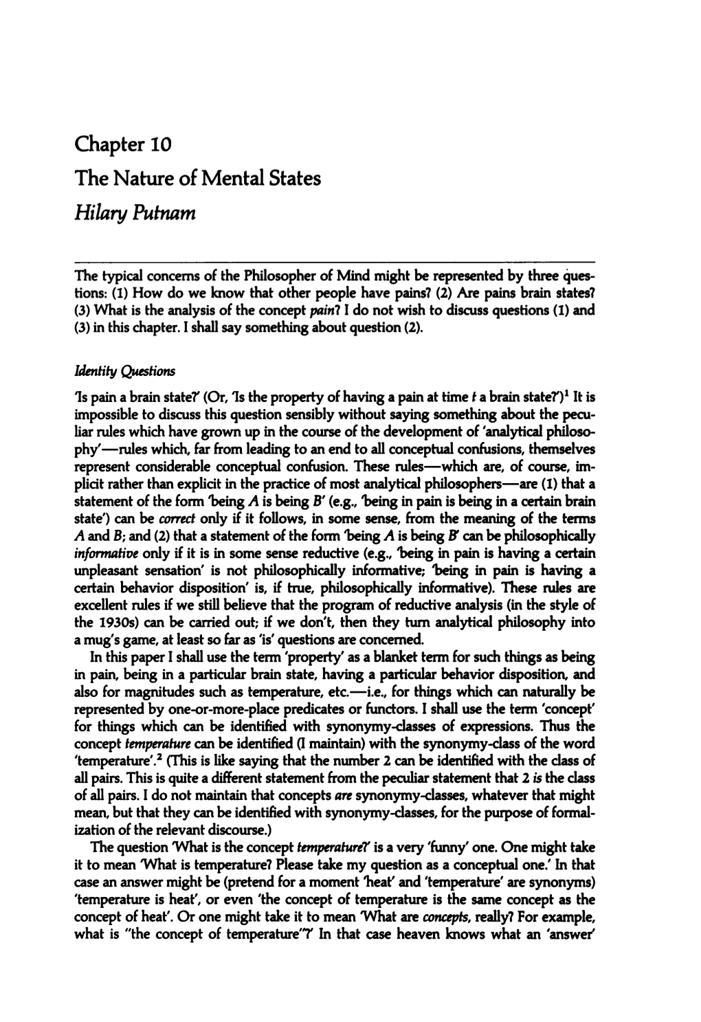 Chapter 10 the Nature of Mental States Hilary Putnam