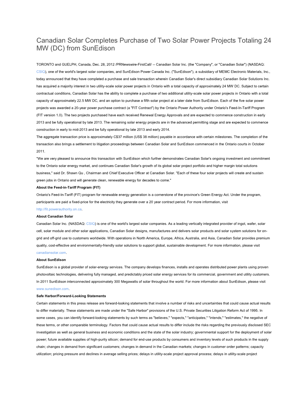 Canadian Solar Completes Purchase of Two Solar Power Projects Totaling 24 MW (DC) from Sunedison