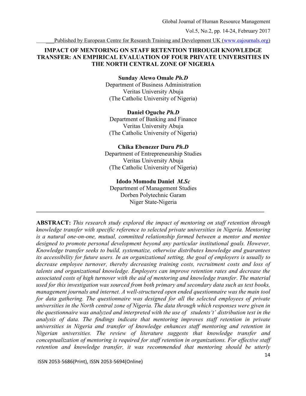 Impact of Mentoring on Staff Retention Through Knowledge Transfer: an Empirical Evaluation of Four Private Universities in the North Central Zone of Nigeria