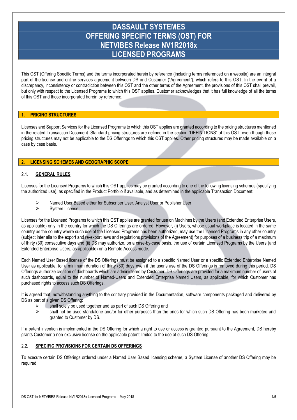 DASSAULT SYSTEMES OFFERING SPECIFIC TERMS (OST) for NETVIBES Release Nv1r2018x LICENSED PROGRAMS