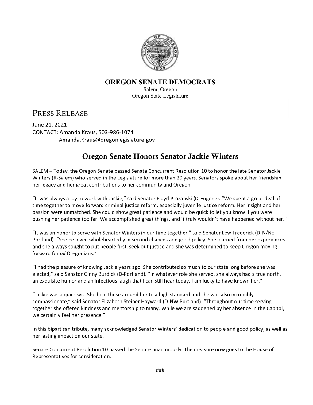 Oregon Senate Honors Senator Jackie Winters