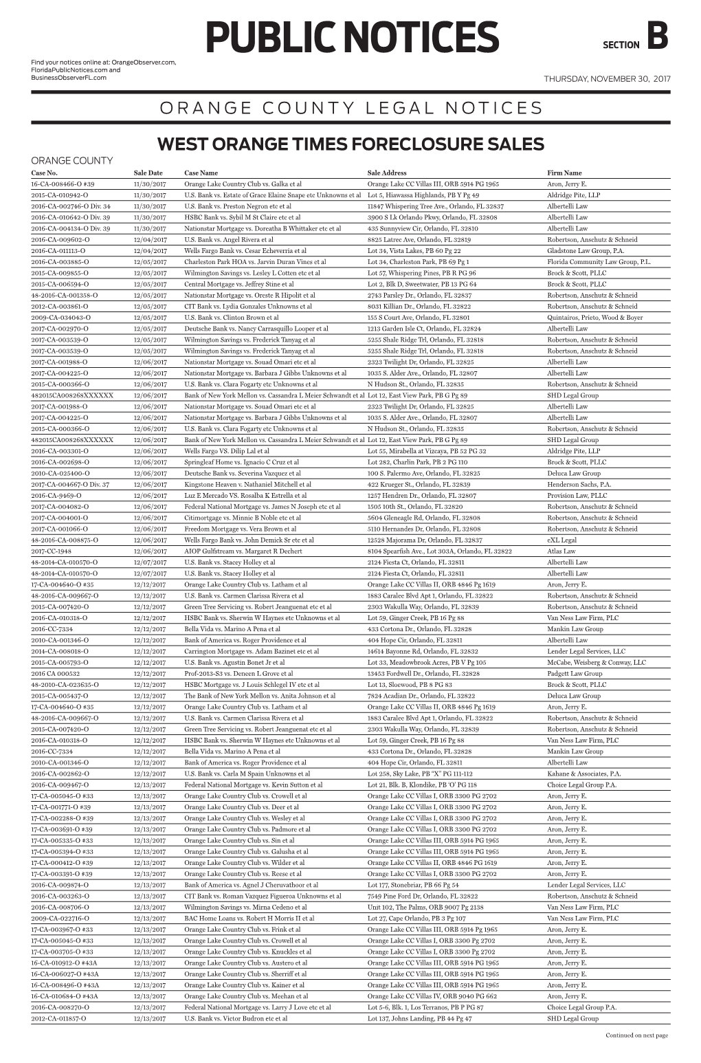 PUBLIC NOTICES SECTION B Find Your Notices Online At: Orangeobserver.Com, Floridapublicnotices.Com and Businessobserverfl.Com THURSDAY, NOVEMBER 30, 2017