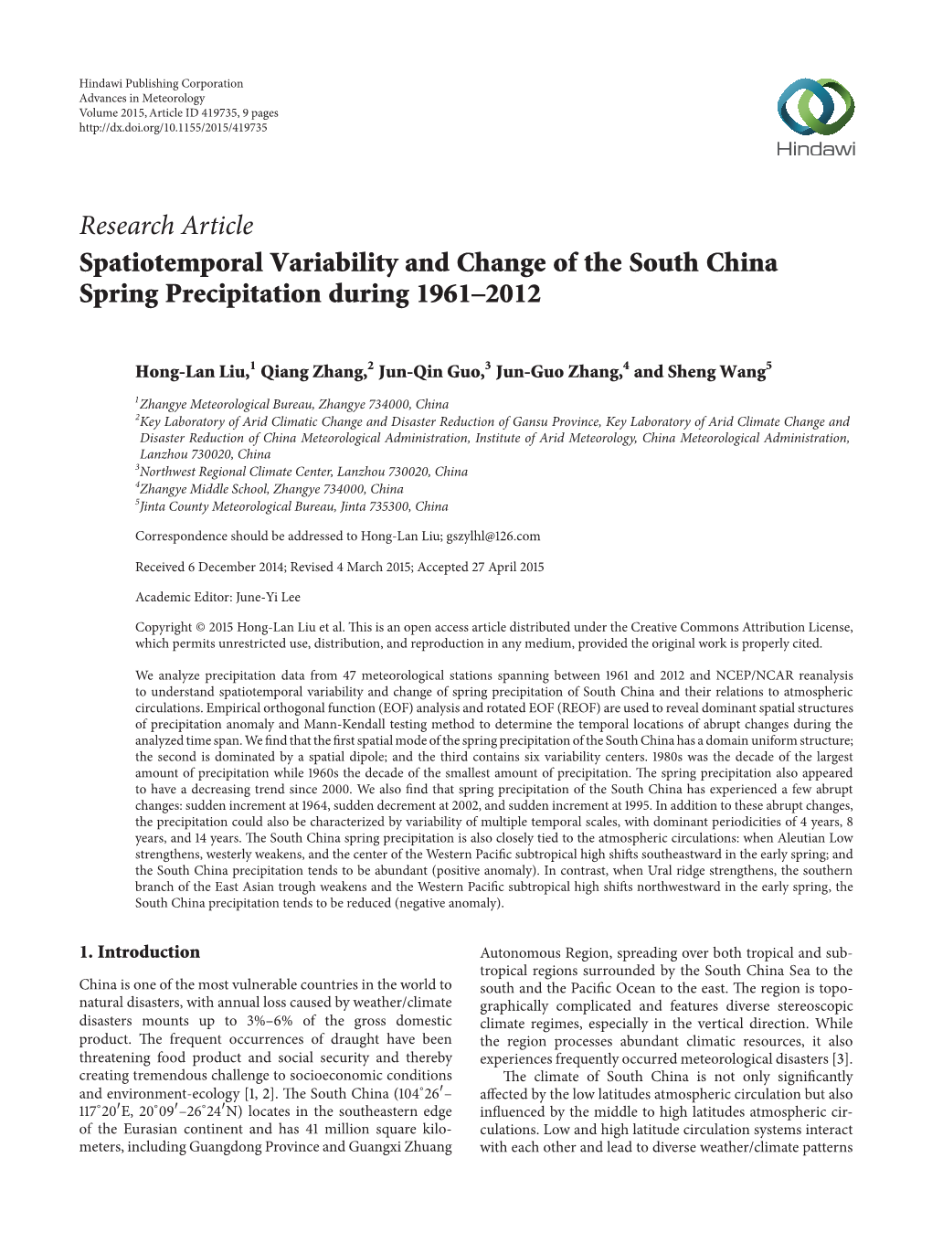 Spatiotemporal Variability and Change of the South China Spring Precipitation During 1961–2012