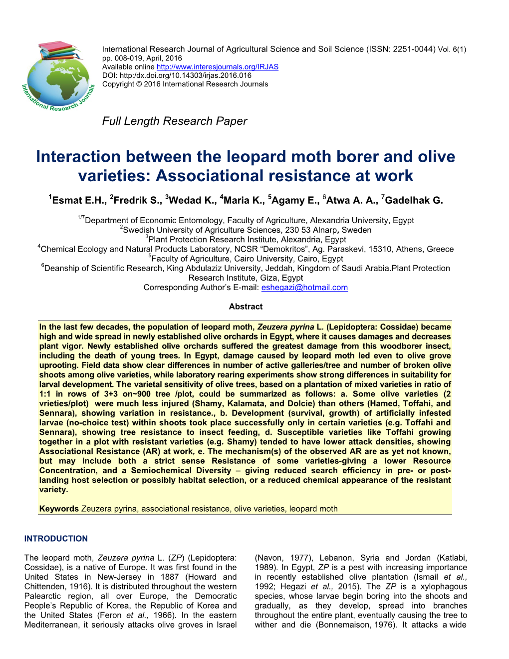 Interaction Between the Leopard Moth Borer and Olive Varieties: Associational Resistance at Work