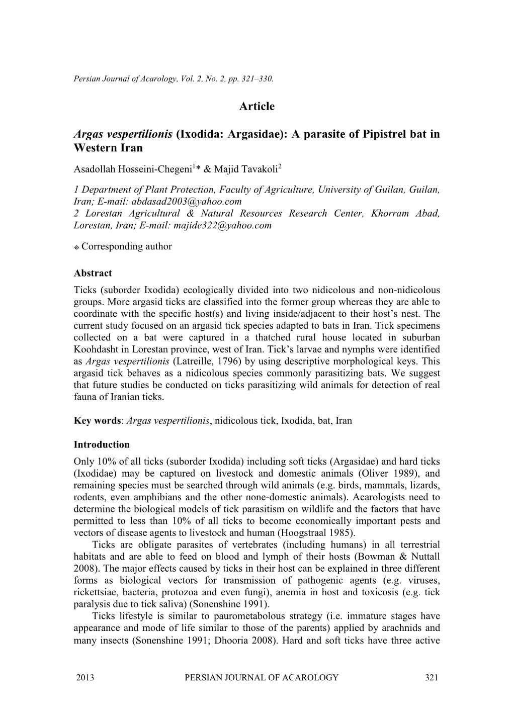 Article Argas Vespertilionis (Ixodida: Argasidae): a Parasite Of