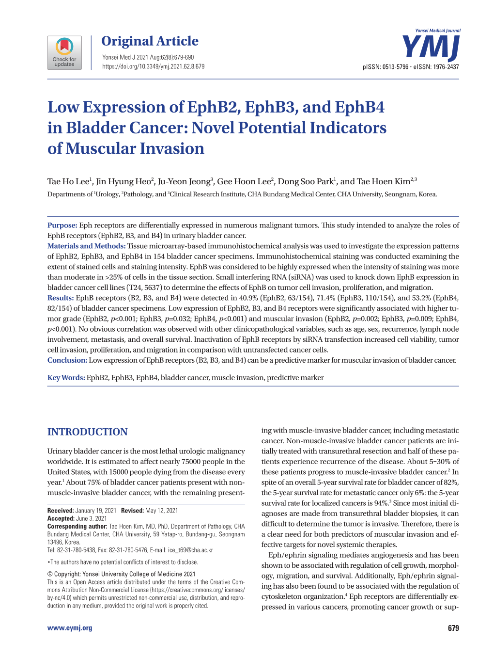 Low Expression of Ephb2, Ephb3, and Ephb4 in Bladder Cancer: Novel Potential Indicators of Muscular Invasion