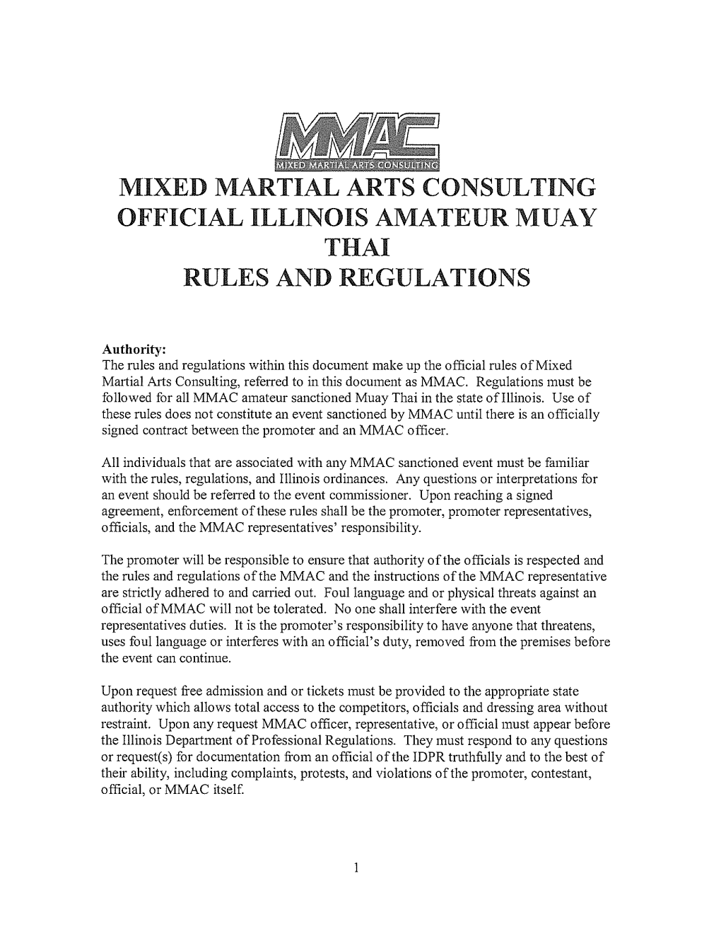 Mixed Martial Arts Consulting Official Illinois Amateur Muay Thai Rules and Regulations