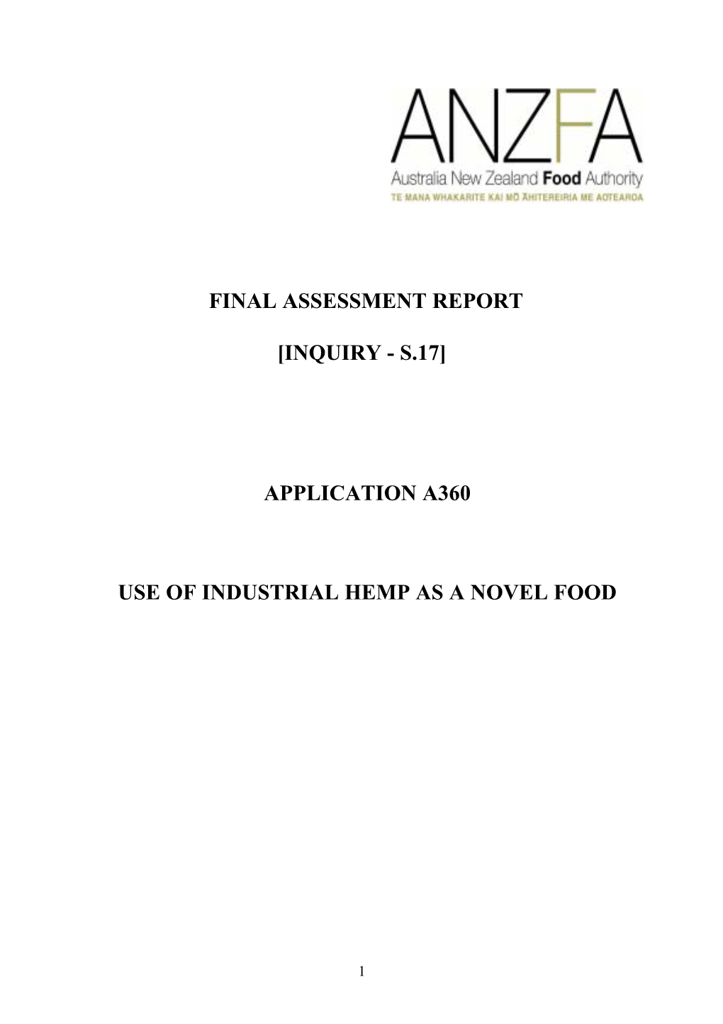 Application A360 Use of Industrial Hemp As a Novel Food