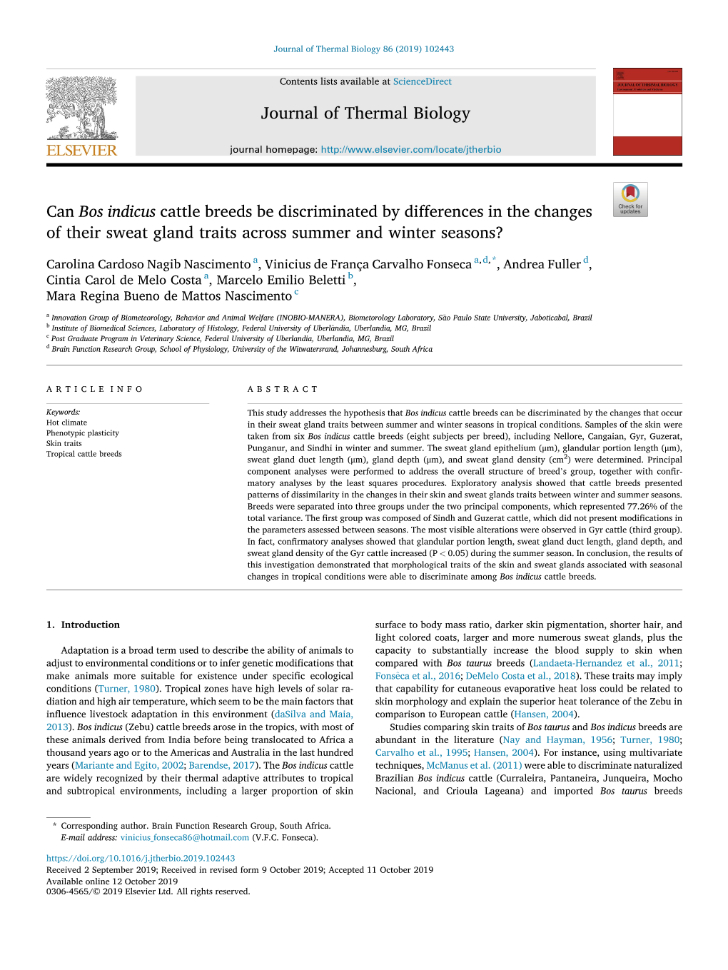 Can Bos Indicus Cattle Breeds Be Discriminated by Differences in the Changes of Their Sweat Gland Traits Across Summer and Winter Seasons?