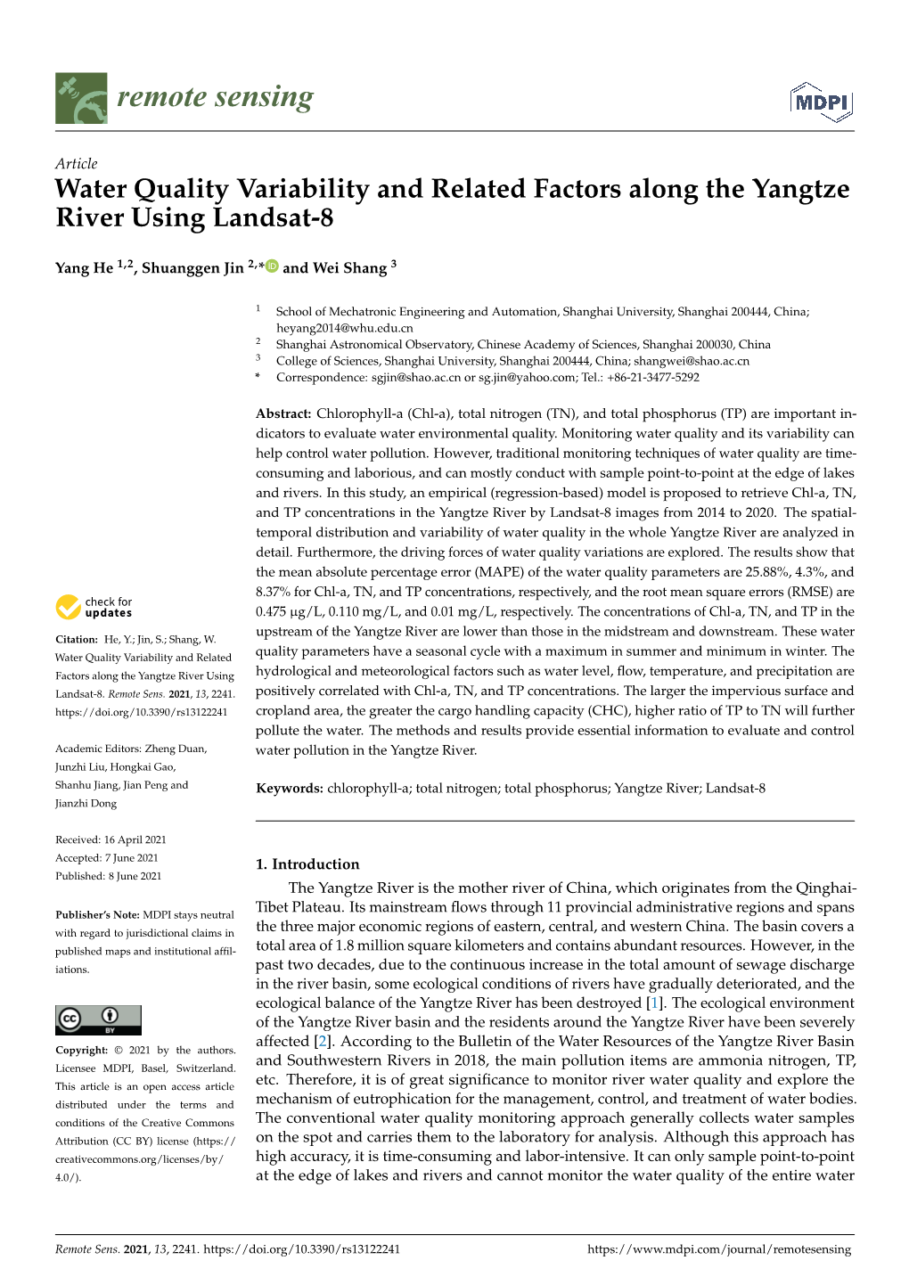 Water Quality Variability and Related Factors Along the Yangtze River Using Landsat-8