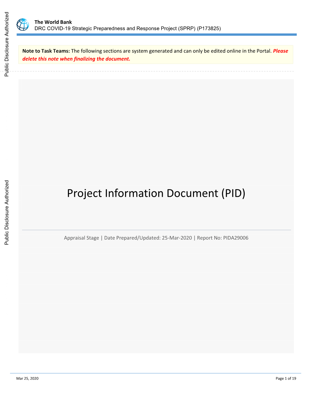 DRC COVID-19 Strategic Preparedness and Response Project (SPRP) (P173825)