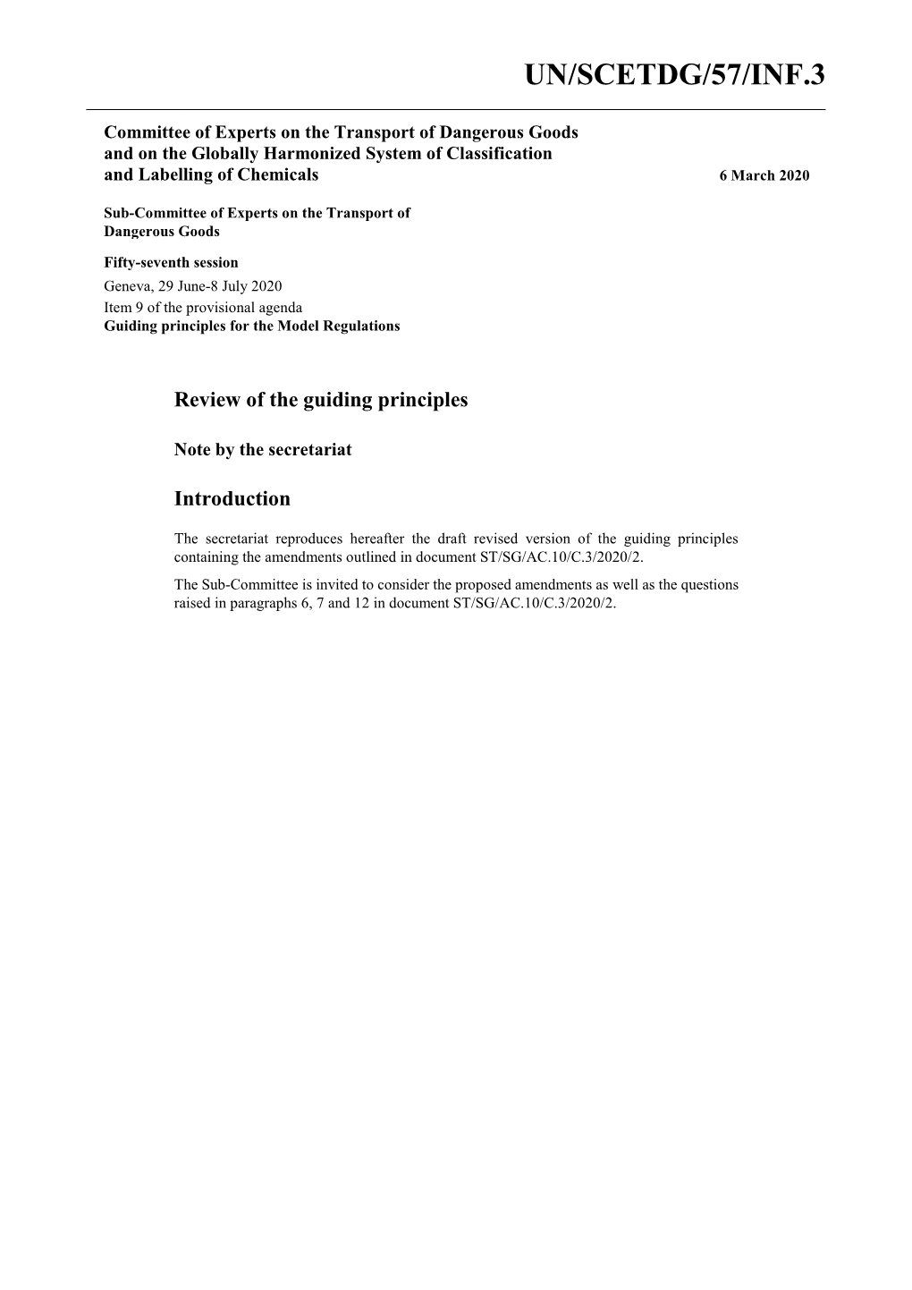 United Nations Economic and Social Council’S Sub-Committee of Experts on the Transport of Dangerous Goods1 (Hereafter Referred to As the “TDG Sub-Committee”)