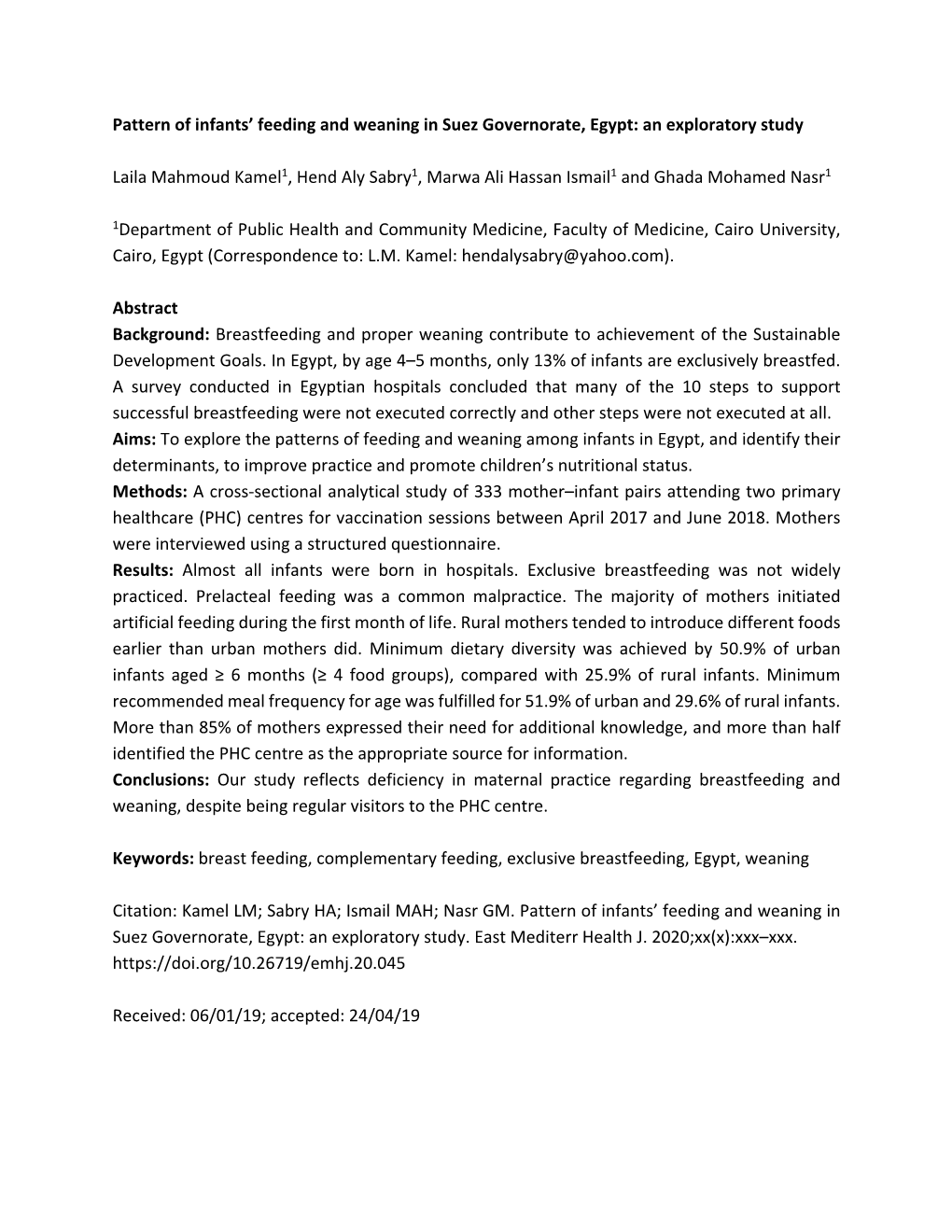 Pattern of Infants' Feeding and Weaning in Suez Governorate, Egypt