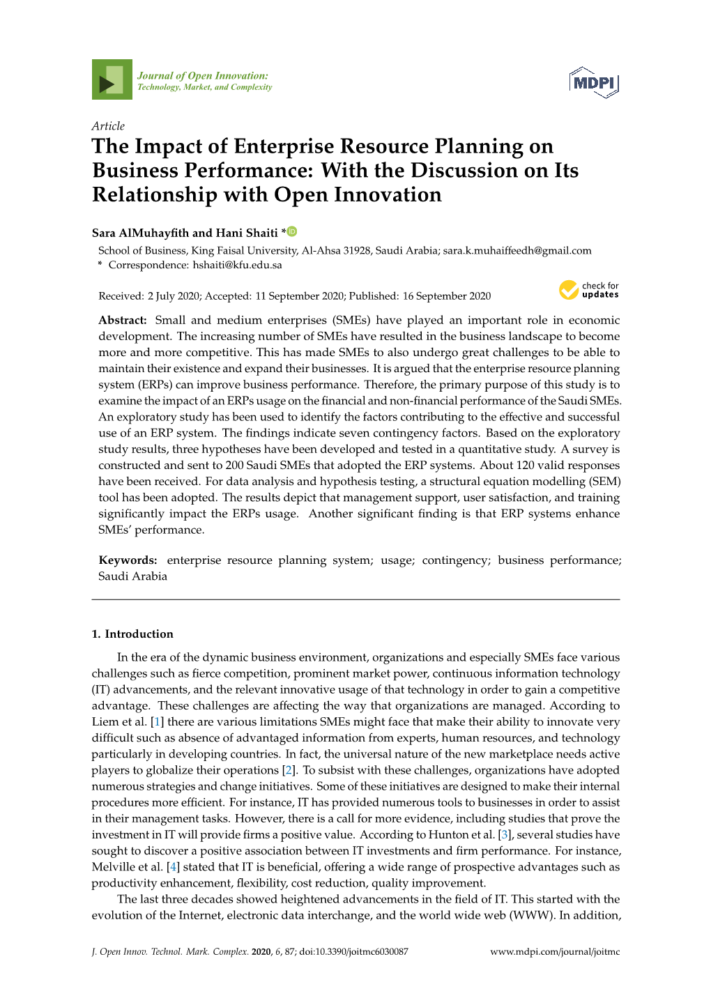 The Impact of Enterprise Resource Planning on Business Performance: with the Discussion on Its Relationship with Open Innovation