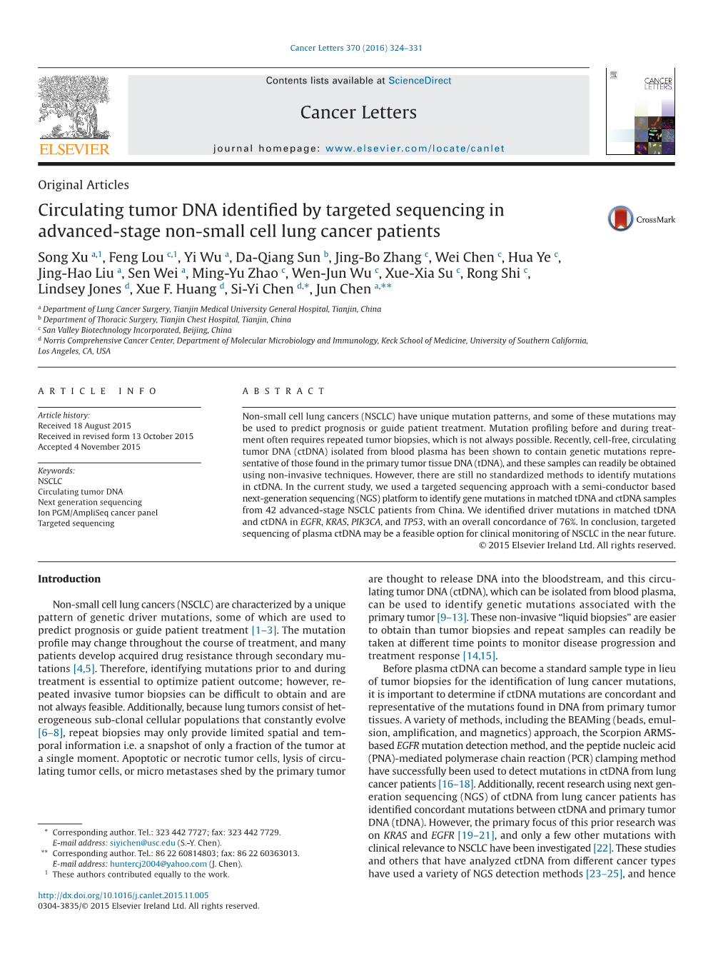 Circulating Tumor DNA Identified by Targeted Sequencing in Advanced