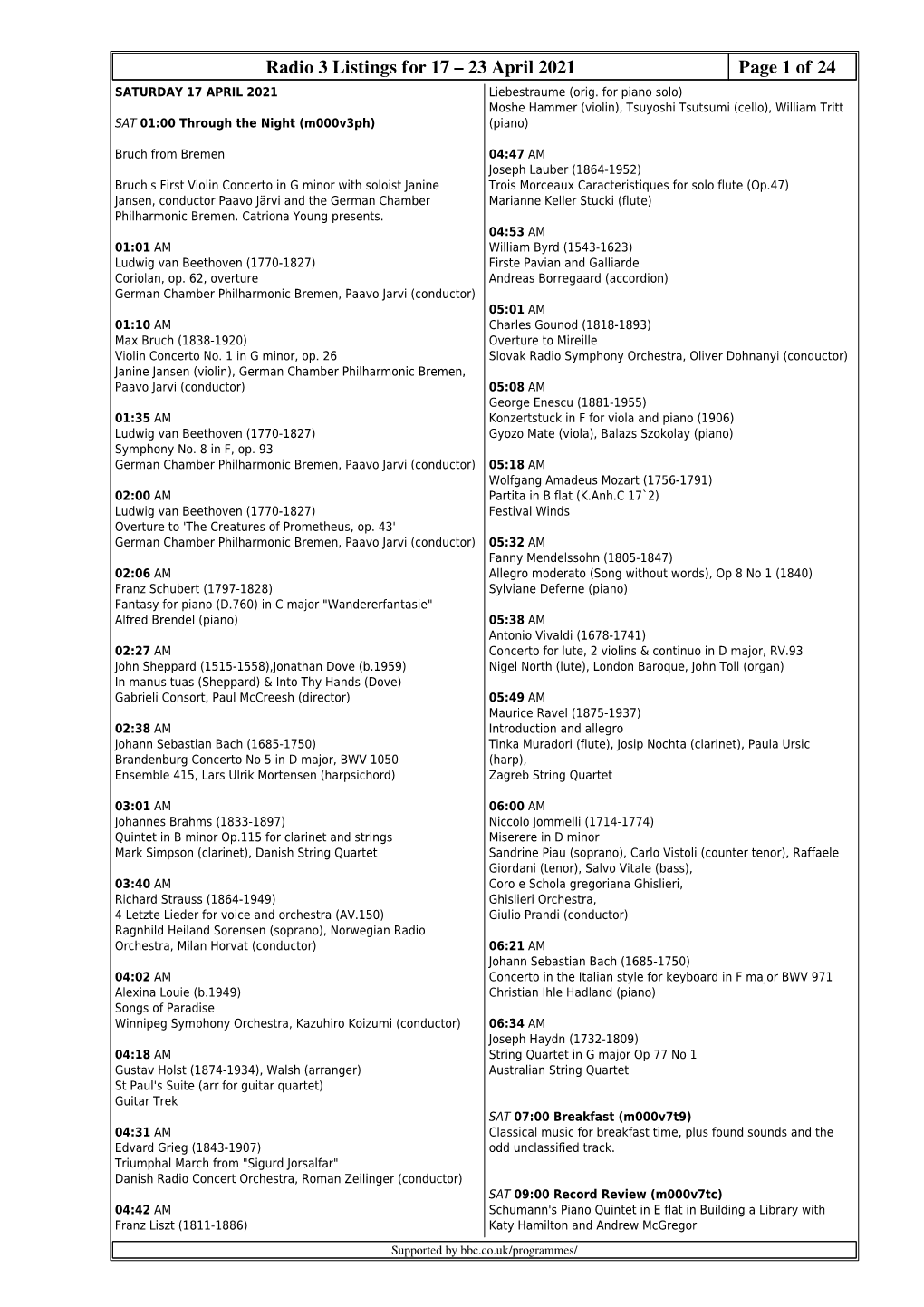 Radio 3 Listings for 17 – 23 April 2021 Page 1 of 24 SATURDAY 17 APRIL 2021 Liebestraume (Orig