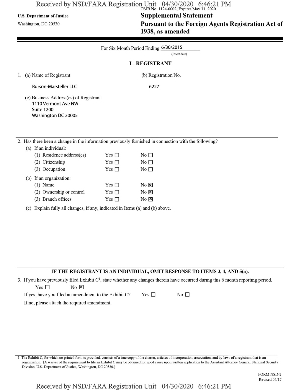 Received by NSD/FARA Registration Unit 04/30/2020 6:46:21 PM Supplemental Statement Pursuant to the Foreign Agents Registration