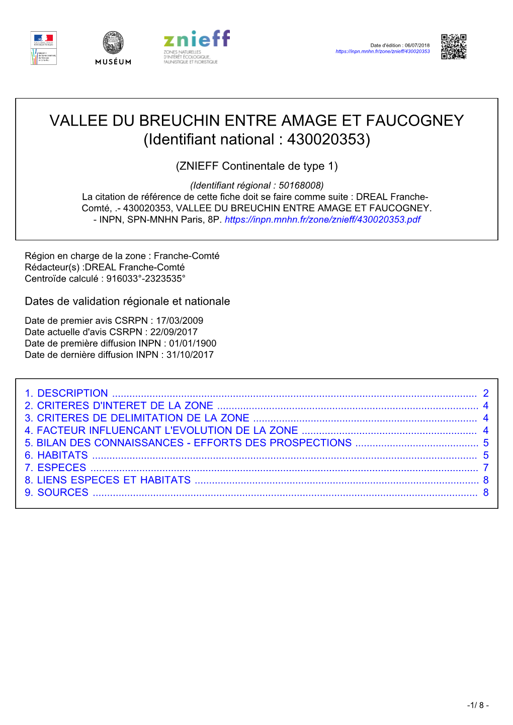 VALLEE DU BREUCHIN ENTRE AMAGE ET FAUCOGNEY (Identifiant National : 430020353)