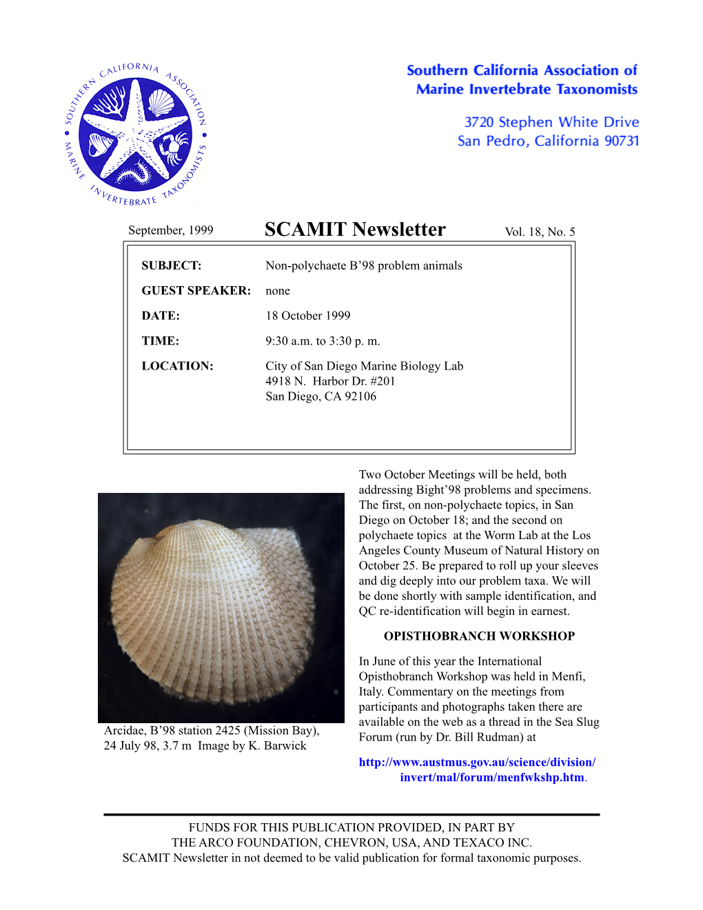 SCAMIT Newsletter Vol. 18 No. 5 1999 September