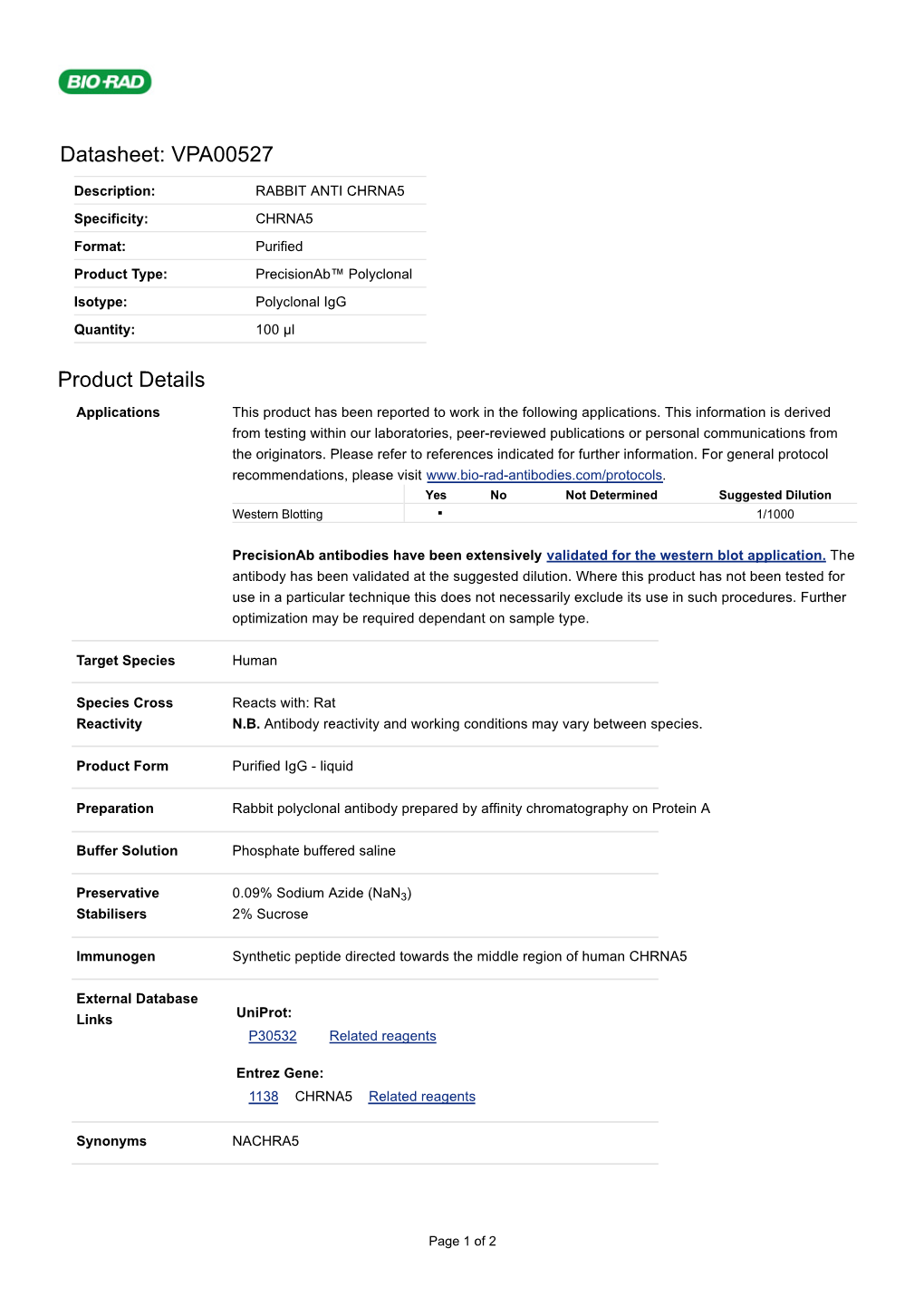 Datasheet: VPA00527 Product Details