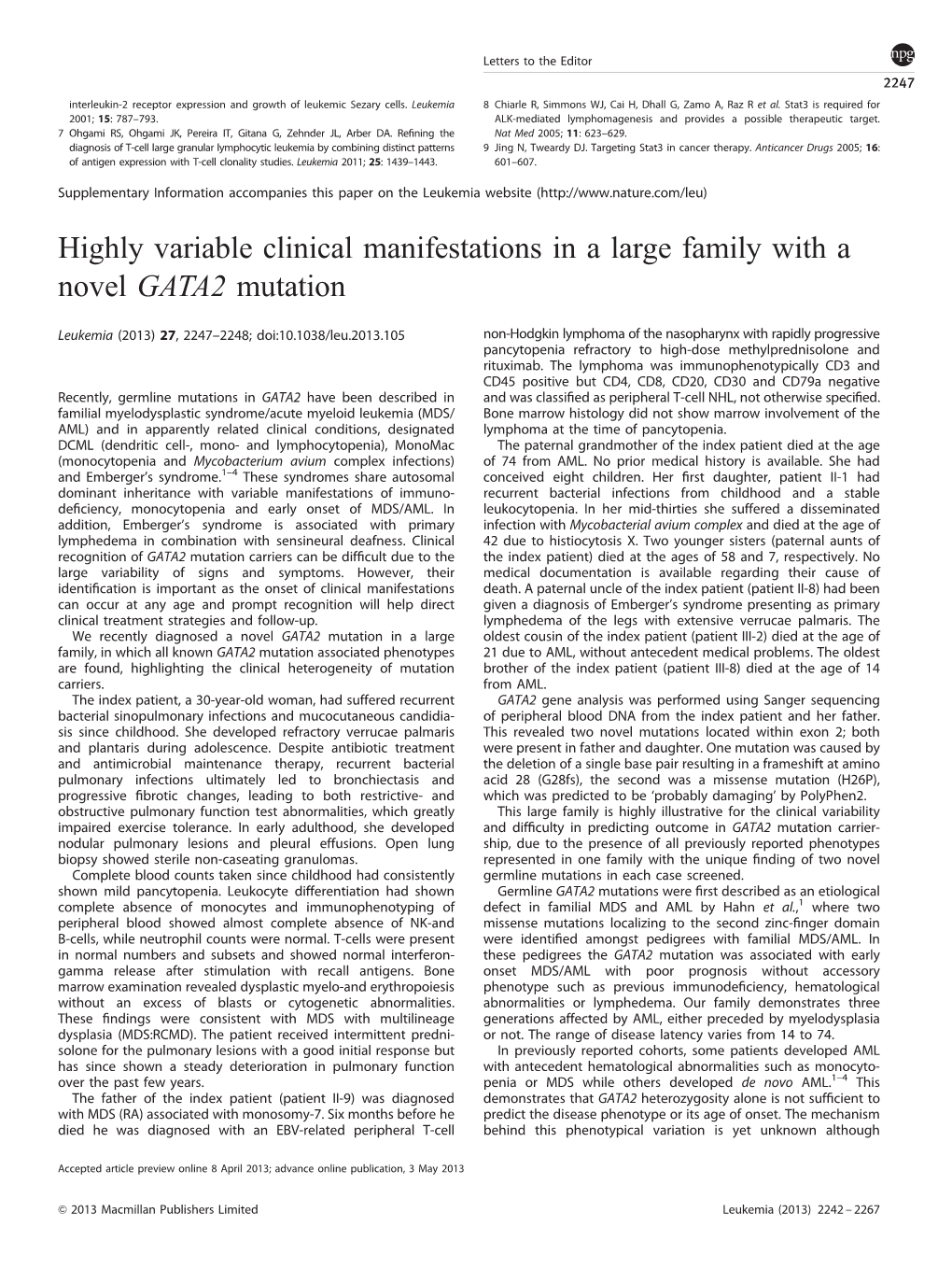 Highly Variable Clinical Manifestations in a Large Family with a Novel GATA2 Mutation