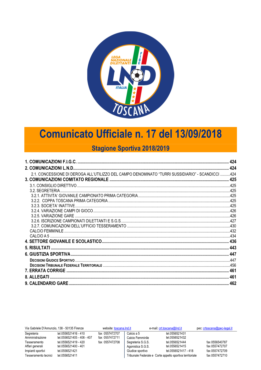 Comunicato Ufficiale N. 17 Del 13/09/2018