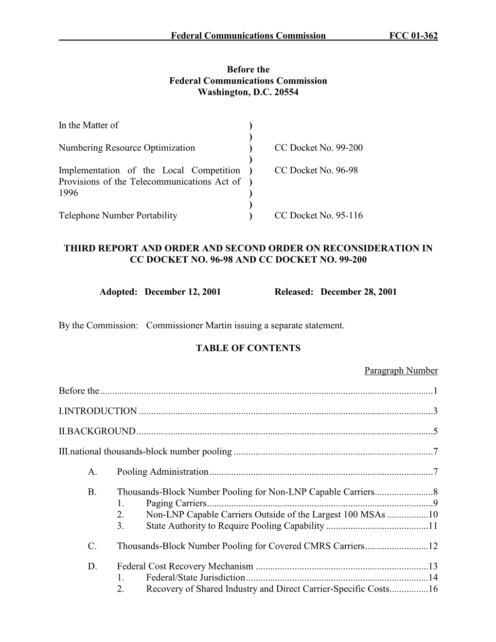 Federal Communications Commission FCC 01-362 Before the Federal