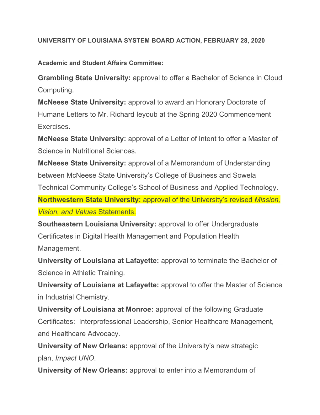 Grambling State University: Approval to Offer a Bachelor of Science in Cloud Computing