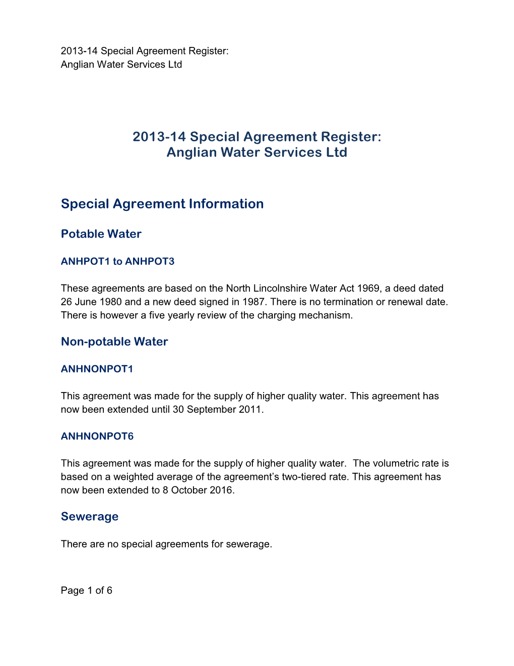 Anglian Water Services Ltd Special Agreement Information