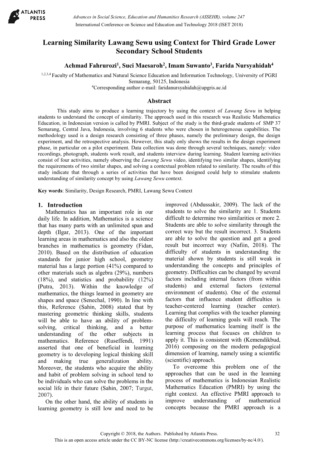 Learning Similarity Lawang Sewu Using Context for Third Grade Lower Secondary School Students