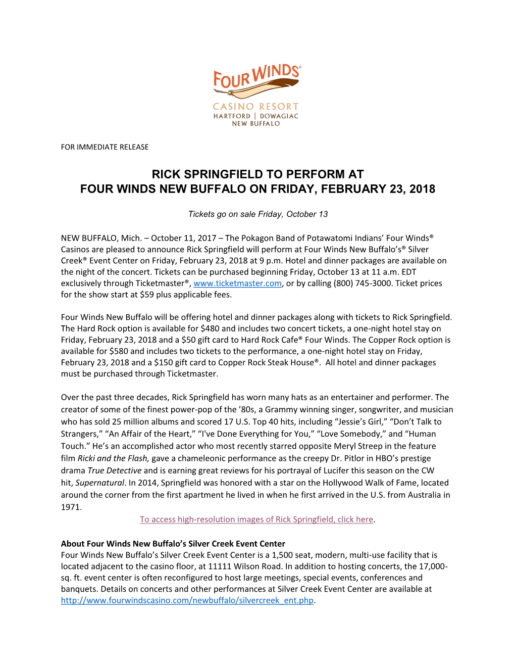 Rick Springfield to Perform at Four Winds New Buffalo on Friday, February 23, 2018