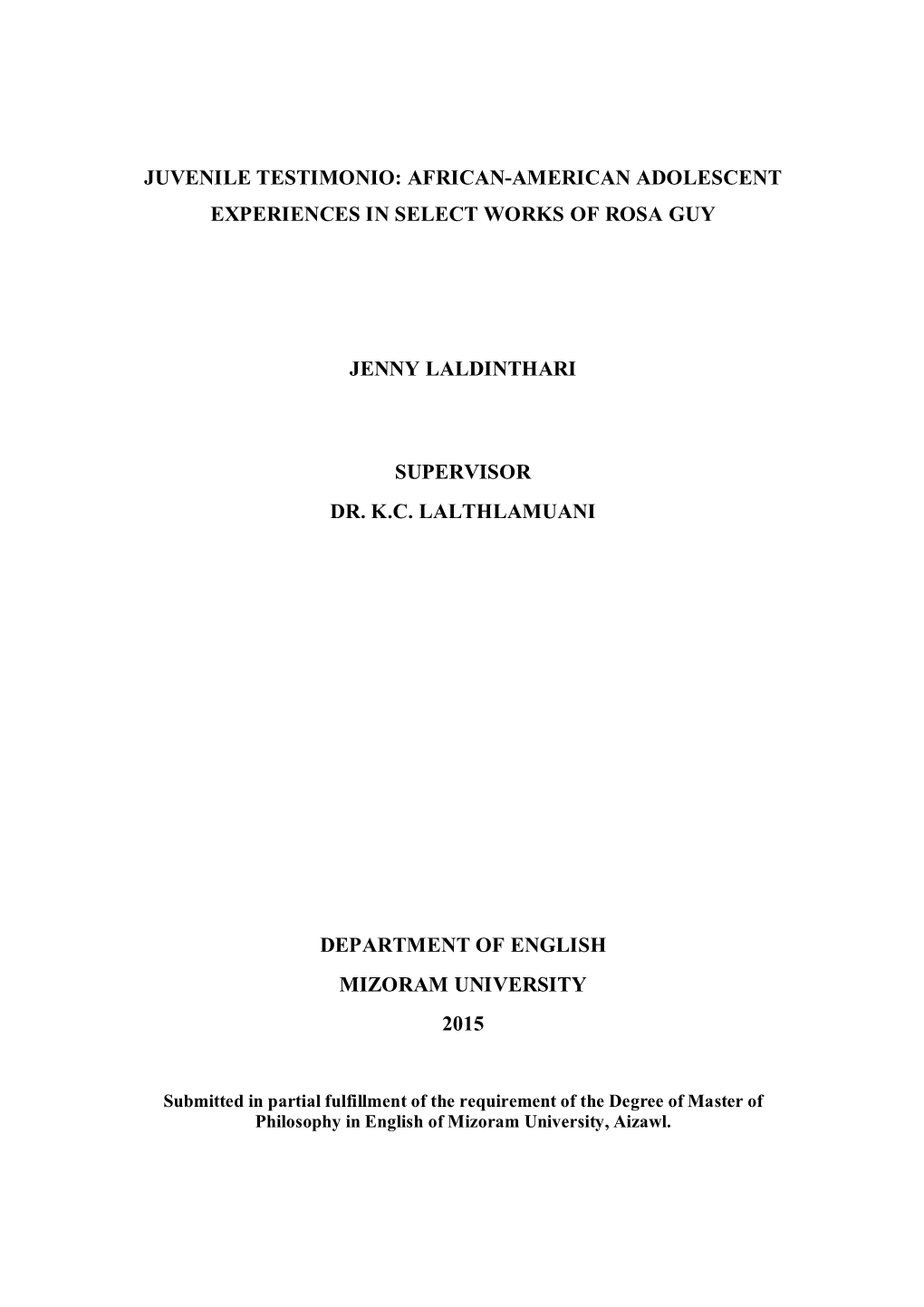 Juvenile Testimonio: African-American Adolescent Experiences in Select Works of Rosa Guy