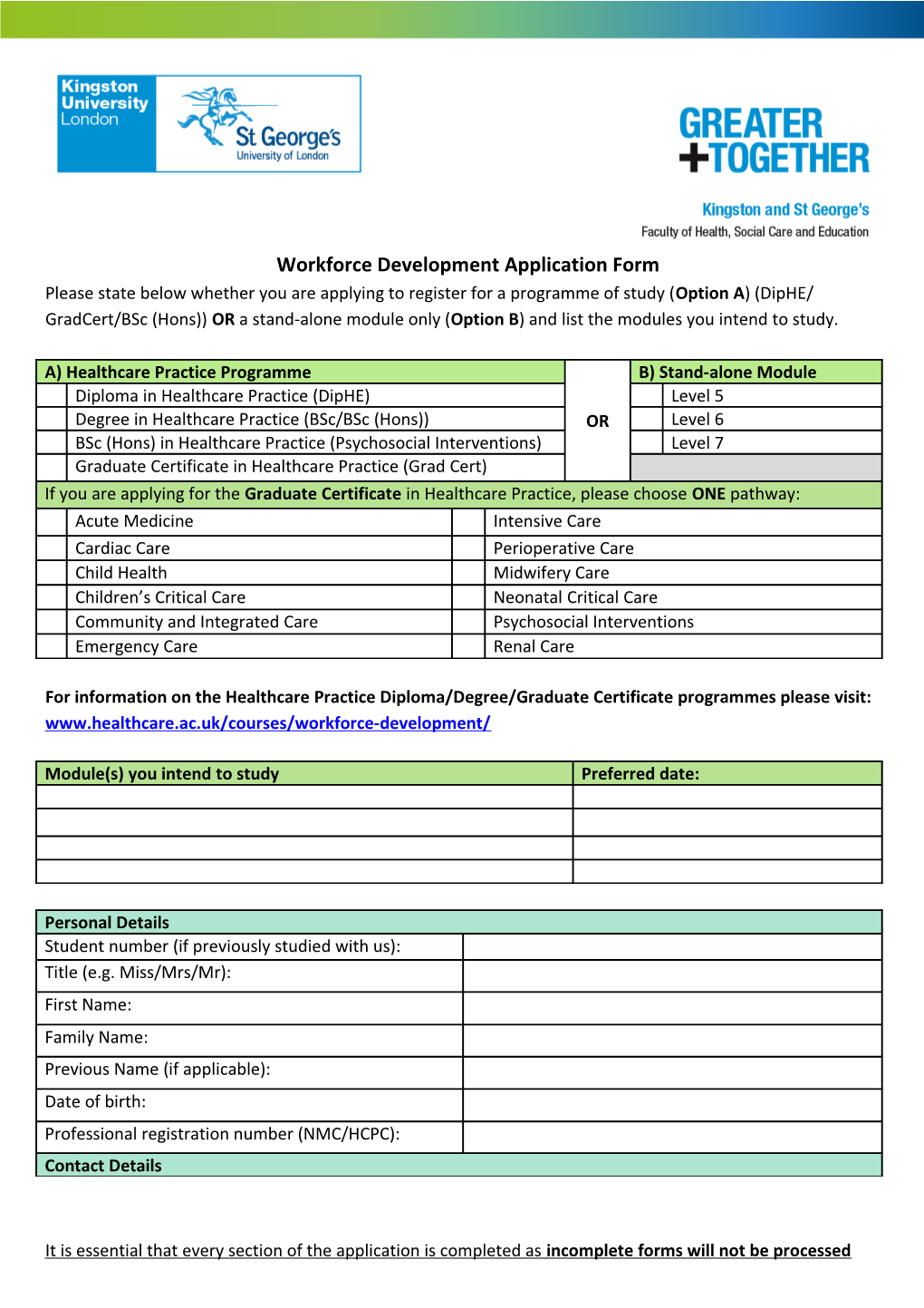 Workforce Development Application Form