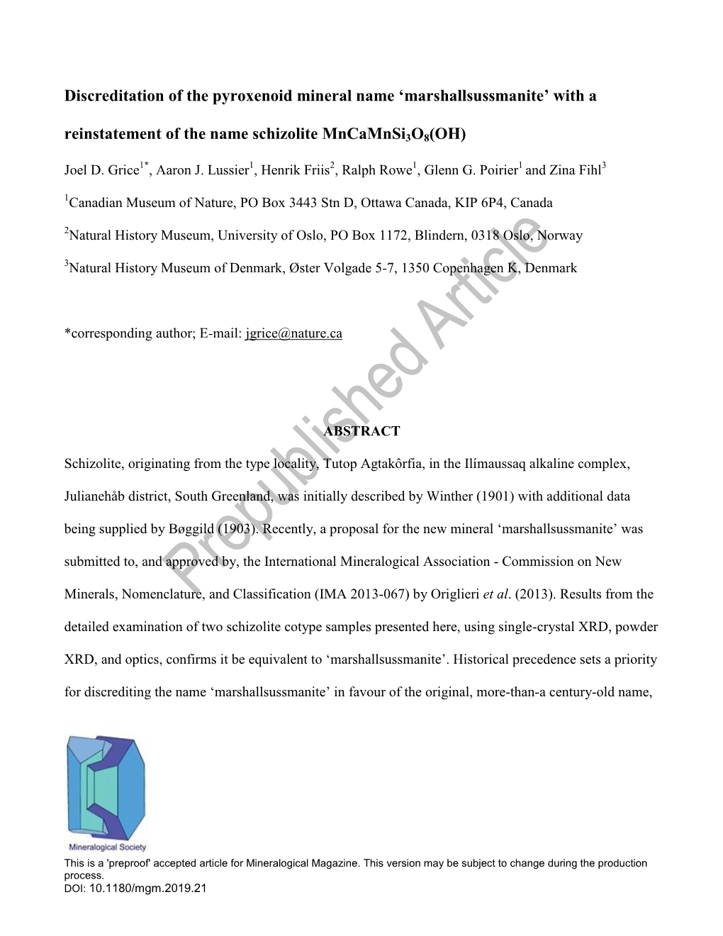 Marshallsussmanite’ with a Reinstatement of the Name Schizolite Mncamnsi3o8(OH)