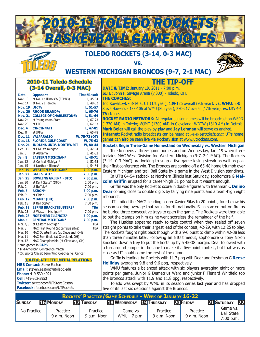 2010-11 Toledo Rockets' Basketball Game Notes