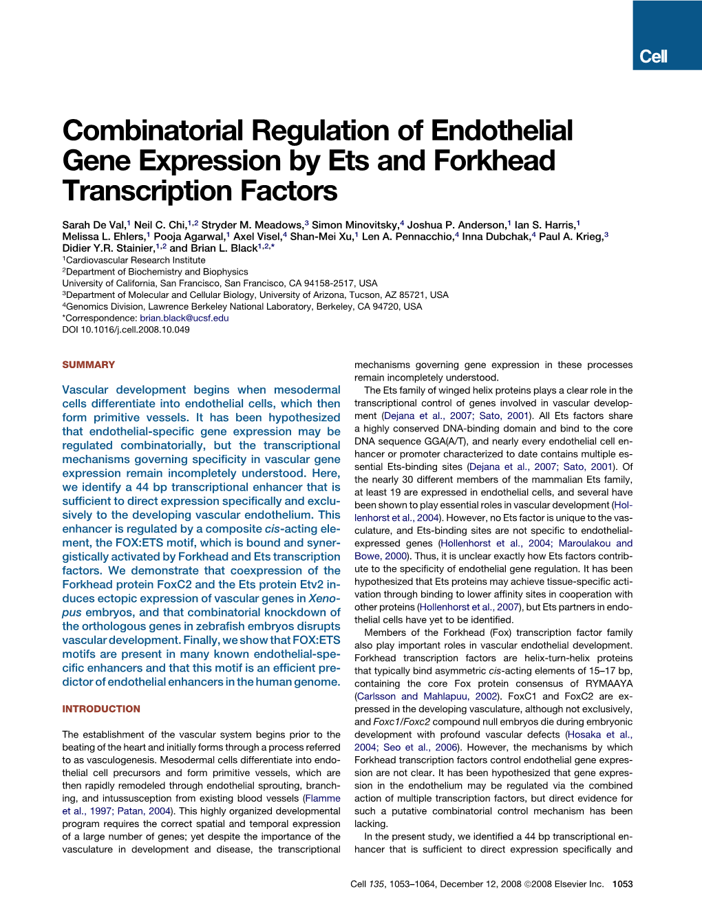 Combinatorial Regulation of Endothelial Gene Expression by Ets and Forkhead Transcription Factors