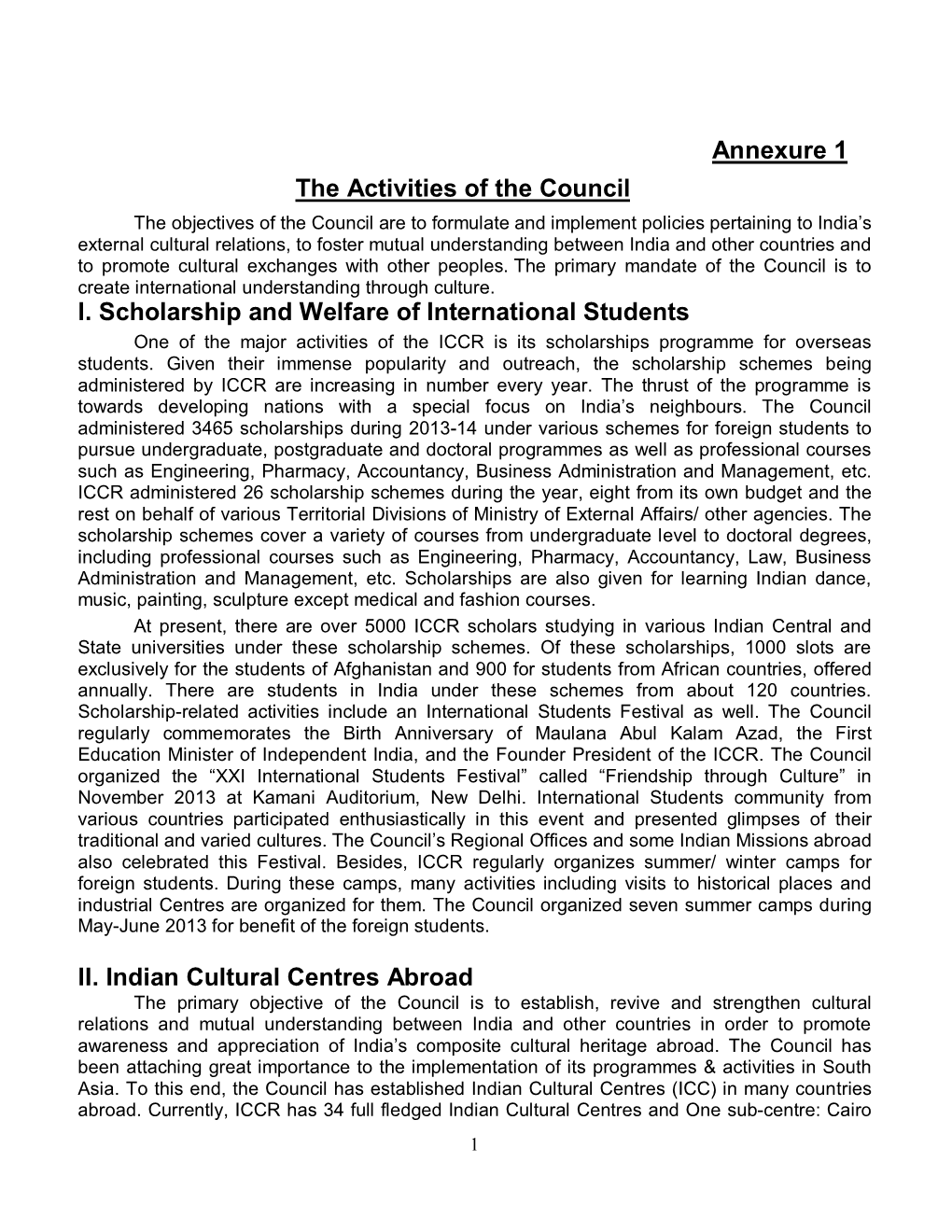 Annexure 1 the Activities of the Council