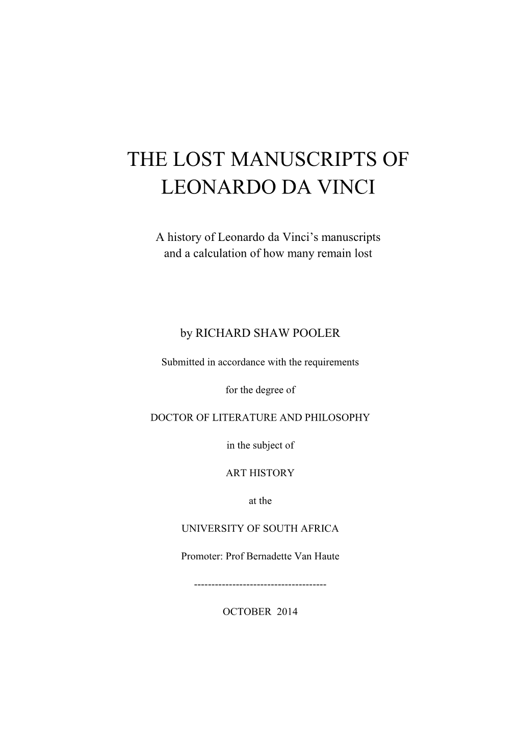 The Lost Manuscripts of Leonardo Da Vinci