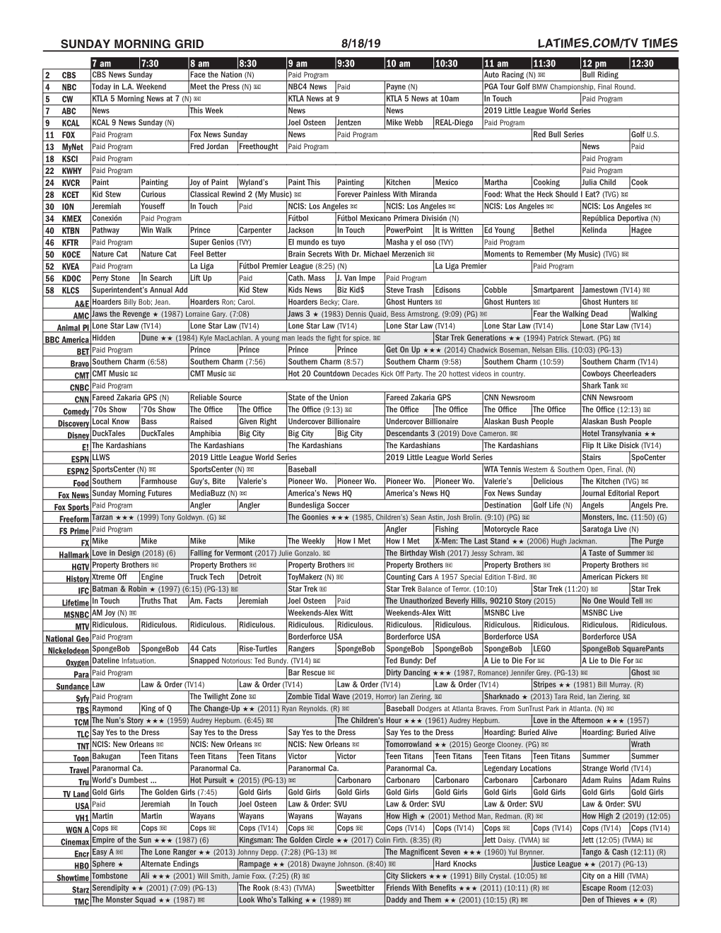 Sunday Morning Grid 8/18/19 Latimes.Com/Tv Times