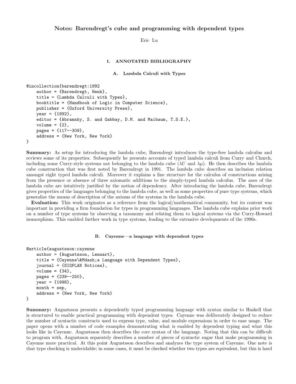 Notes: Barendregt's Cube and Programming with Dependent Types