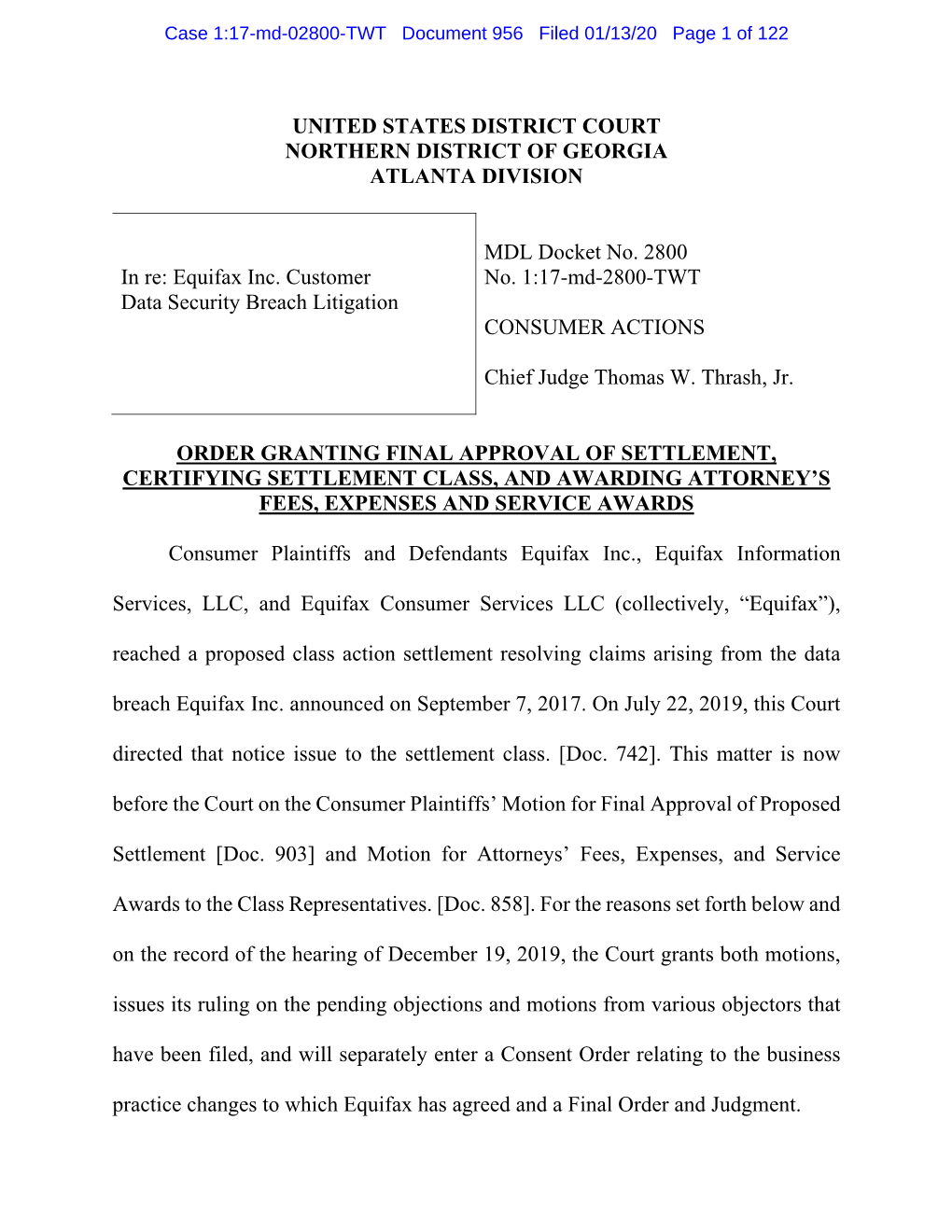 Case 1:17-Md-02800-TWT Document 956 Filed 01/13/20 Page 1 of 122