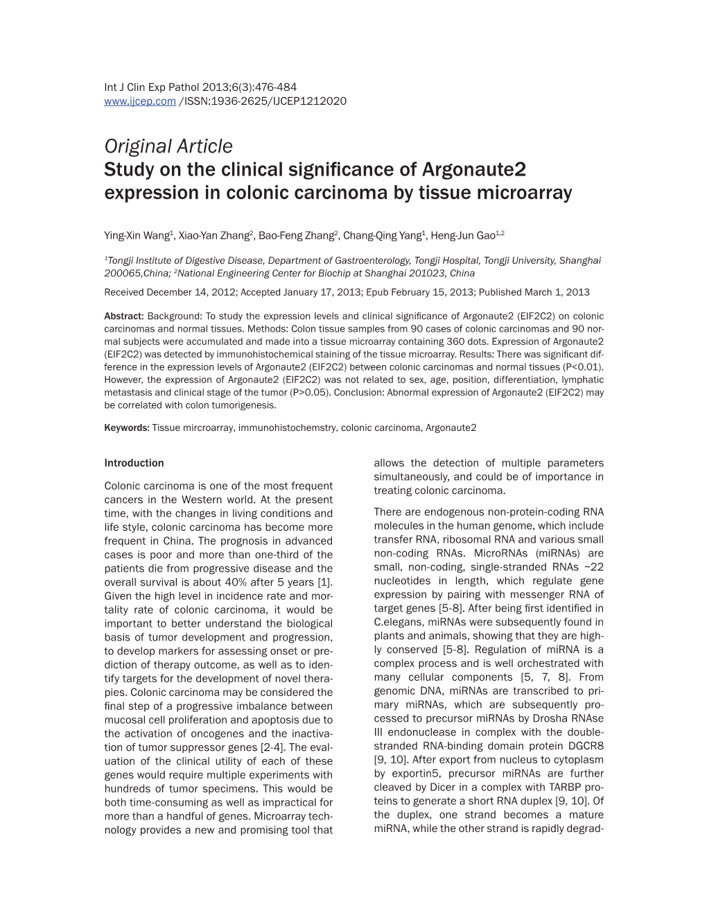 Original Article Study on the Clinical Significance of Argonaute2 Expression in Colonic Carcinoma by Tissue Microarray