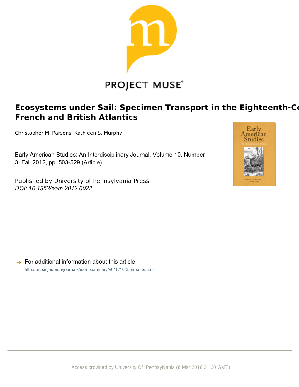 Ecosystems Under Sail: Specimen Transport in the Eighteenth-Century