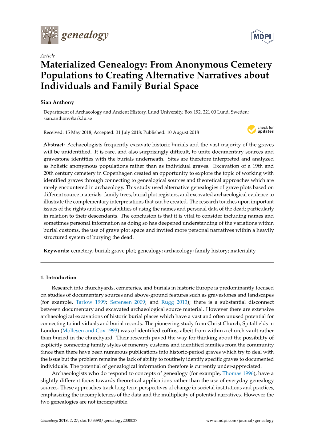 Materialized Genealogy: from Anonymous Cemetery Populations to Creating Alternative Narratives About Individuals and Family Burial Space