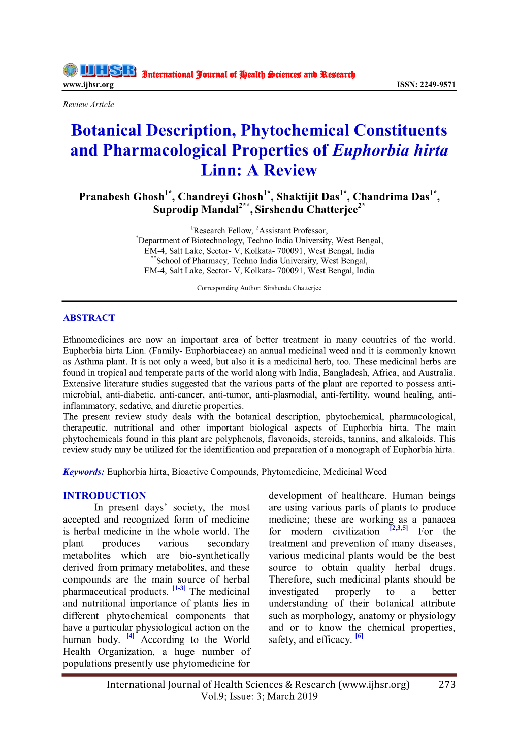 Botanical Description, Phytochemical Constituents and Pharmacological Properties of Euphorbia Hirta Linn: a Review