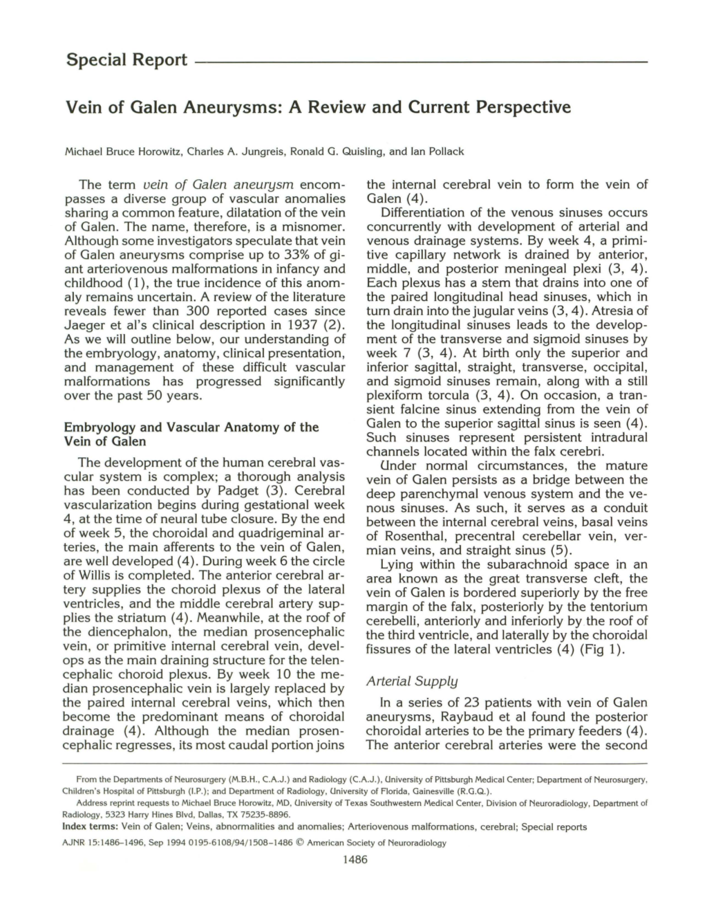 Special Report Vein of Galen Aneurysms